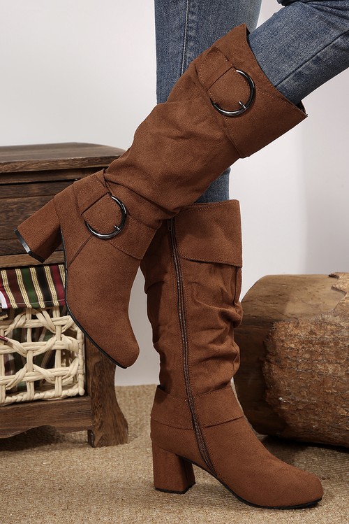Coffee Suede Double Buckled Side Zipped Mid calf Boots