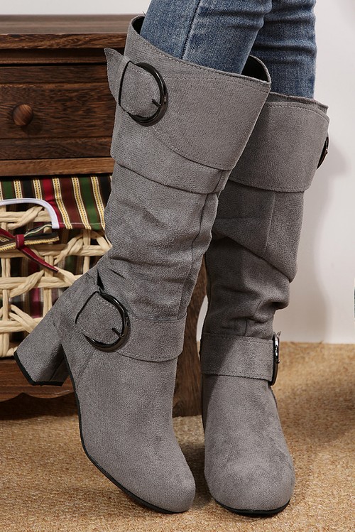 Dark Grey Suede Double Buckled Side Zipped Mid calf Boots