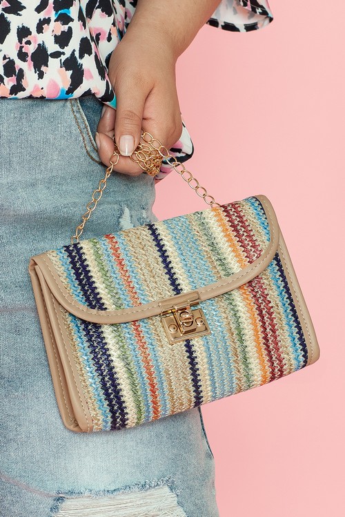 Iceland Blue Striped Crochet Flapped Single Shoulder Bag