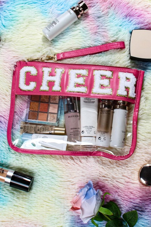 Bright Pink CHEER Chenille Letter PU Leather Patchwork Clear Makeup