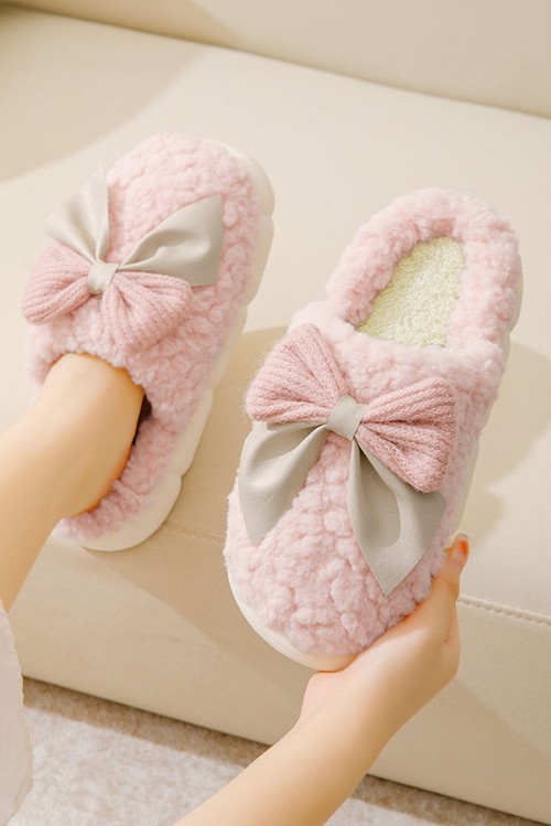Pink Contrast Bowknot Applique Plush Winter Slippers Bow Colors May
