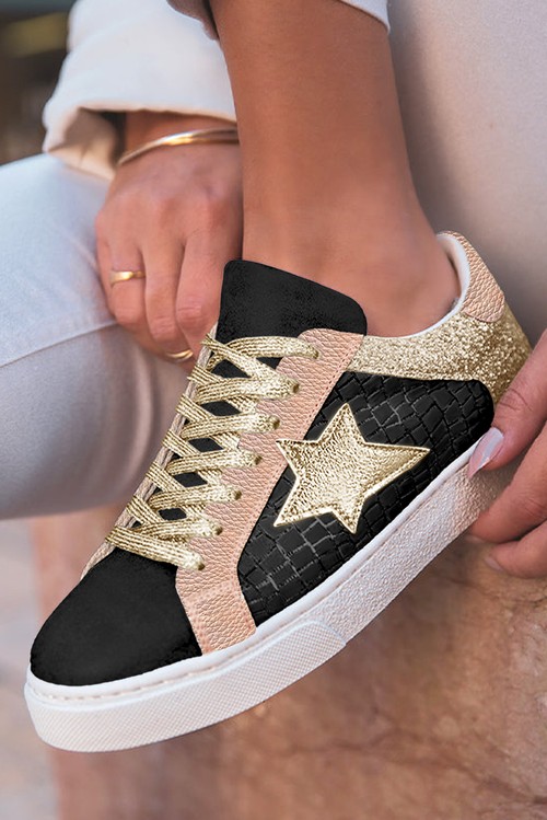 Rose Gold Glitter Star Patchwork PU Leather Lace up Sneakers