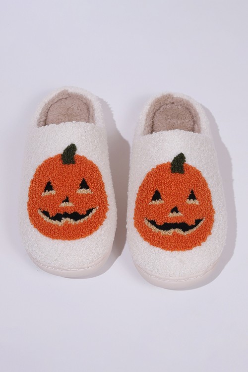White Halloween Pumpkin Print Plush Slippers Runs Small Size Up