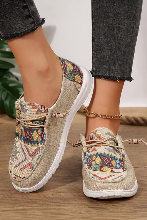 Beige Geometric Lace up Decor Slip On Shoes
