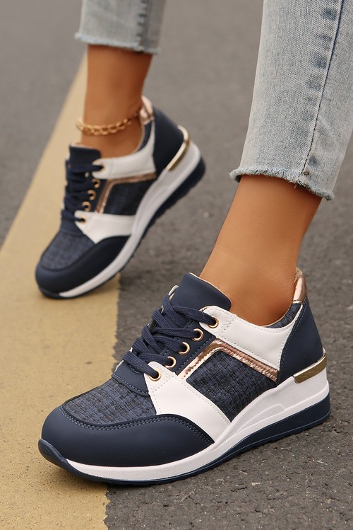 Sail Blue Glitter Patched Lace up Wedge Sneakers