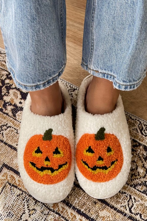 White Halloween Pumpkin Print Plush Slippers Runs Small Size Up