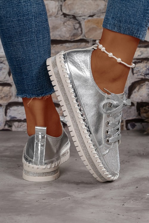 Silvery Rhinestone Metallic Sheen Lace up Flat Shoes