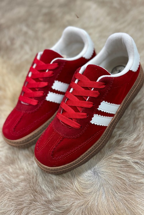 Fiery Red Vintage Striped Patchwork Lace up Flat Shoes