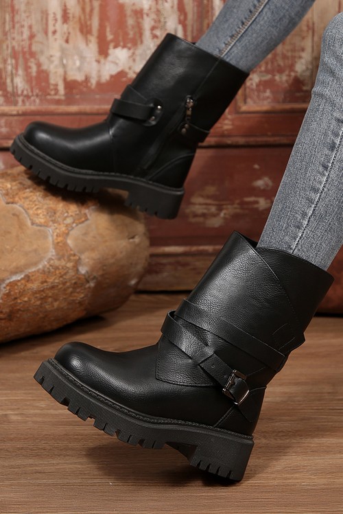 Black Faux Leather Overlap Buckle Strap Zip Detail Boots
