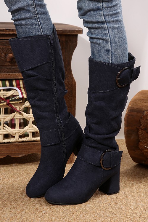 Navy Blue Suede Double Buckled Side Zipped Mid calf Boots