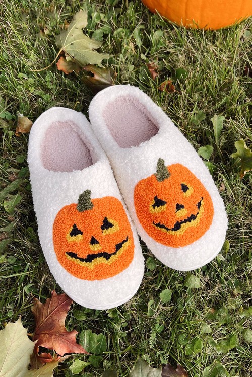 White Halloween Pumpkin Print Plush Slippers Runs Small Size Up