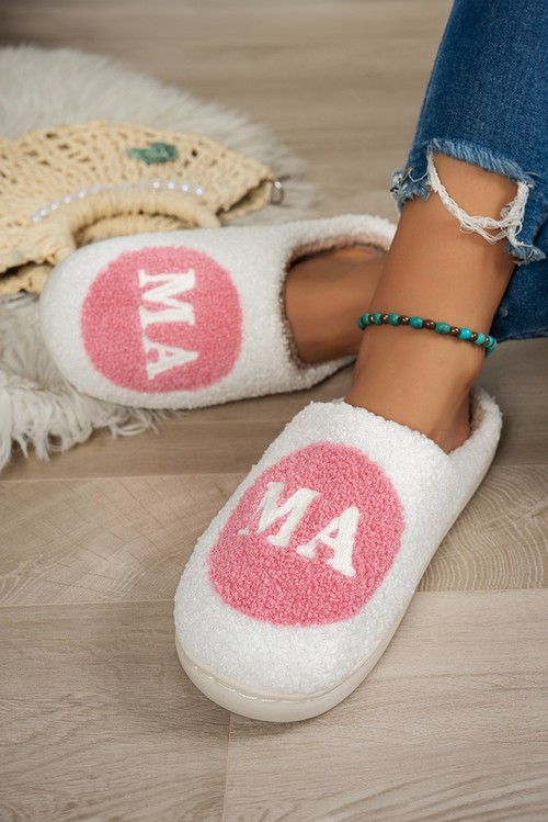 White Kawaii MAMA Plush Cozy House Slippers