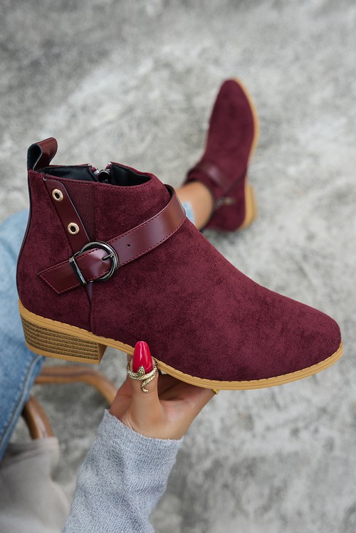 Burgundy Faux Suede Leather Strap Patchwork Buckle Side Zip Ankle