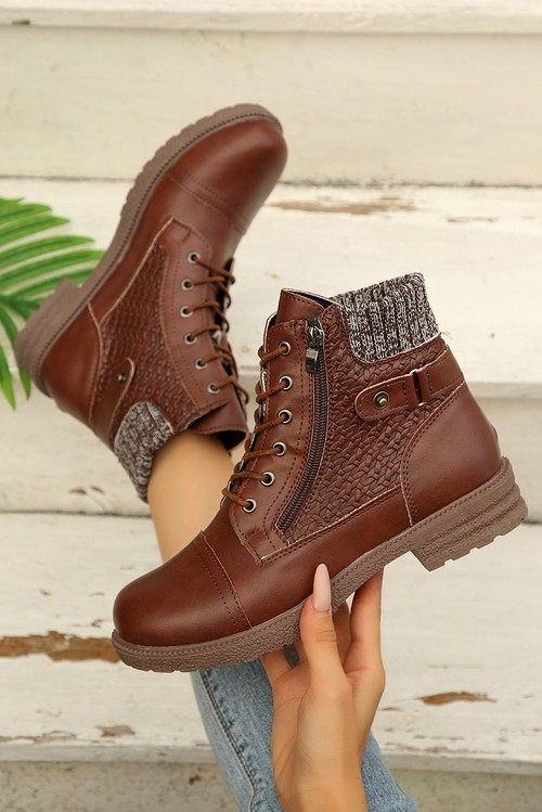 Coffee Faux Leather Mix Texture Patchwork Side Zip Lace up