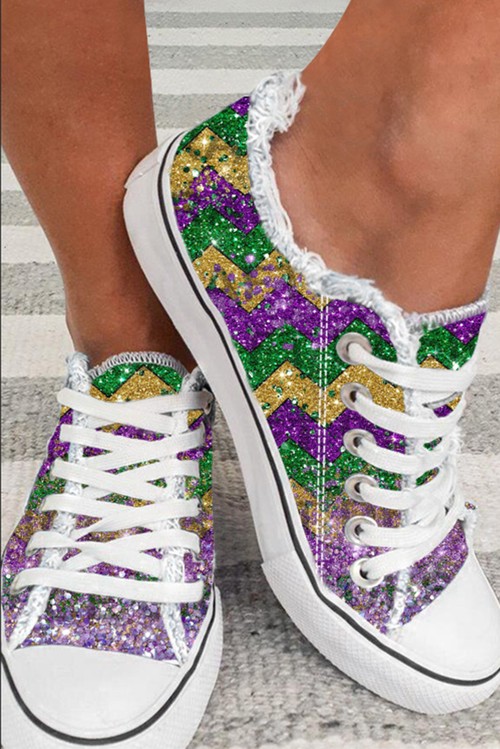 Multicolor Shiny Chevron Striped Lace up Flat Canvas Shoes