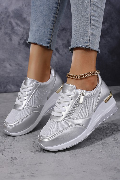 Silvery PU Leather Patchwork Zipper Lace up Sneakers
