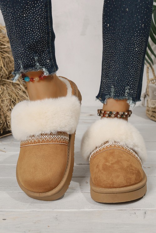 Camel Faux Suede Plush Trim Ethnic Mule Slippers