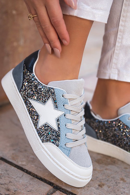 Silvery Star Glitter Patchwork Lace up Sneakers