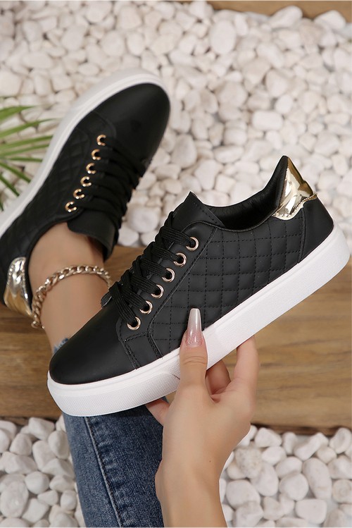 Black Color Contrast Quilted Lace up Sneakers