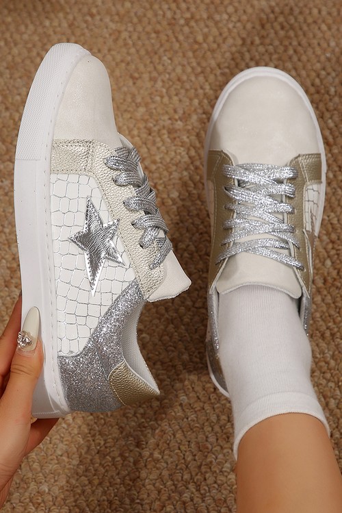 Silvery Glitter Star Patchwork PU Leather Lace up Sneakers